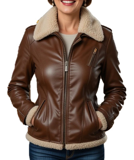 Women's Real Sheep Leather Aviator Jacket Brown