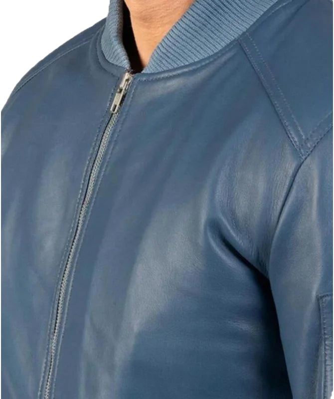 Men’s Blue Leather Bomber Jacket