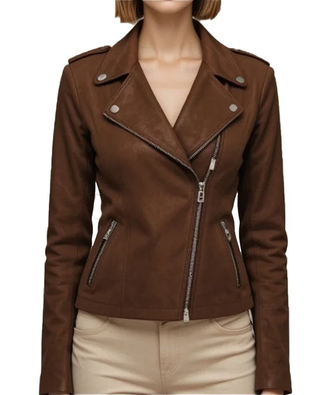Women’s Classic Moto Suede Jacket – Rich Chestnut Brown Elegance