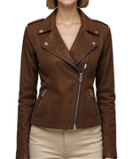 Women’s Classic Moto Suede Jacket – Rich Chestnut Brown Elegance