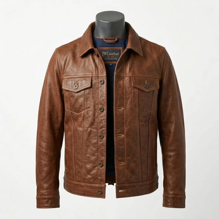 Men's Tan Brown Sheep Leather Trucker Jacket | Premium Genuine Leather | Classic Button-Front Style
