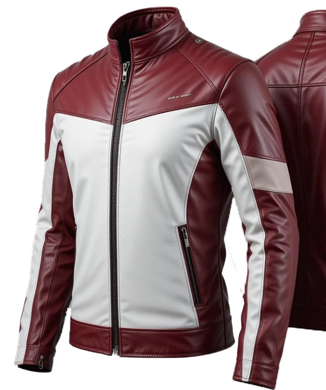 Men’s Maroon & White Leather Biker Jacket