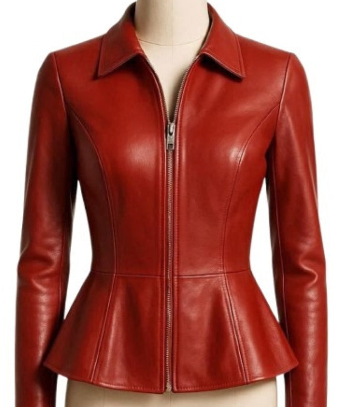 Women's Red Peplum Leather Jacket