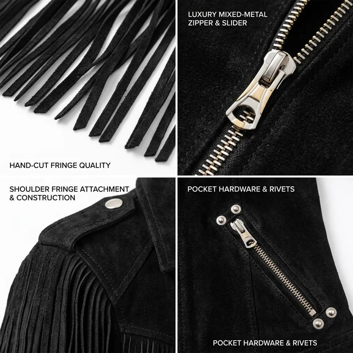 Womens Black Suede Leather Fringe Jacket Handmade Western Bohemian Style image 5