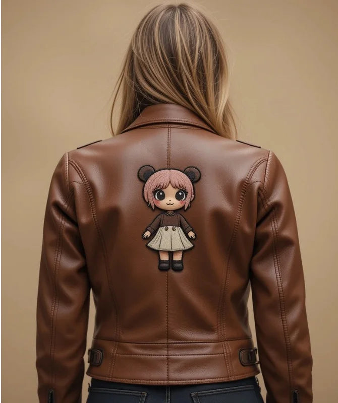 Women's Brown Leather Jacket with Less Front and Labubu