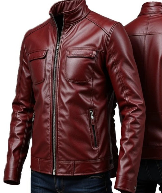 Men’s Burgundy Slim Fit Biker Leather Jacket