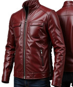 Men’s Burgundy Slim Fit Biker Leather Jacket