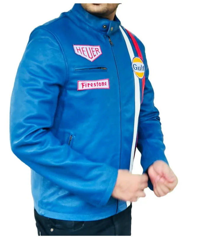 Men’s Blue Leather Bomber Zip-Up Jacket