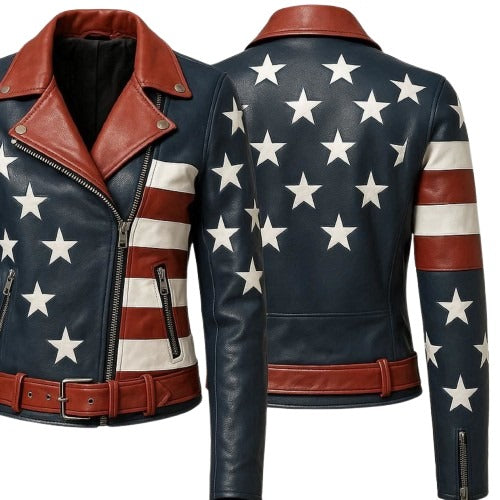 Men’s American Flag Sheep Leather Jacket Halloween Style