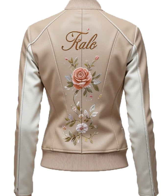 Women’s Custom Beige and White Slim Fit Outerwear Jacket