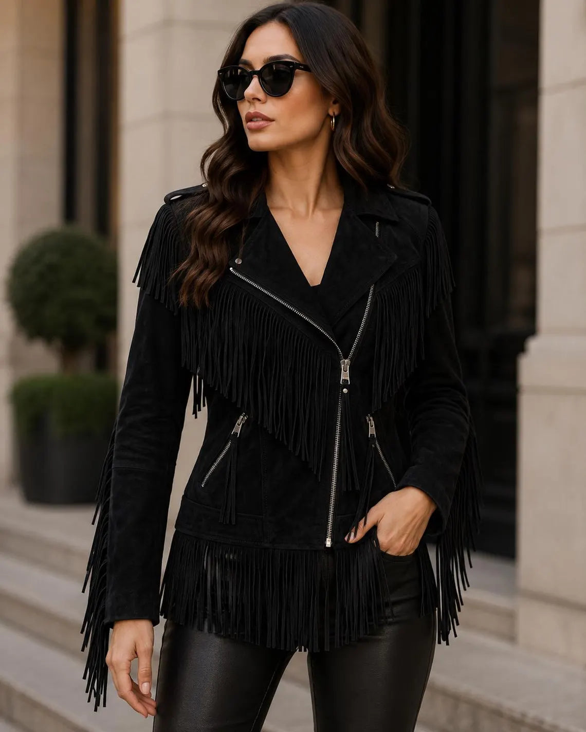 Womens Black Suede Leather Fringe Jacket Handmade Western Bohemian Style image 6