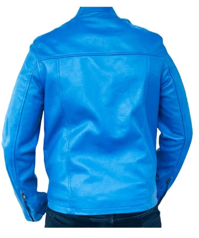 Men’s Blue Leather Bomber Zip-Up Jacket