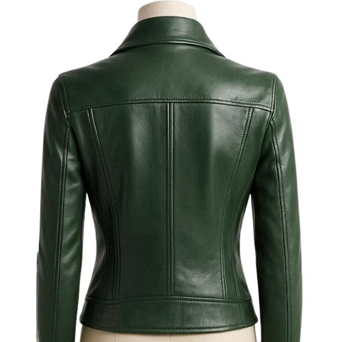 Women's Green Biker Leather Jacket 100% Genuine Sheep Leather