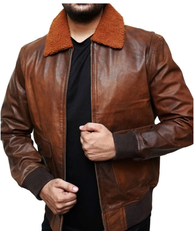 Men’s Distressed Brown Leather Bomber Jacket