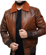 Men’s Distressed Brown Leather Bomber Jacket