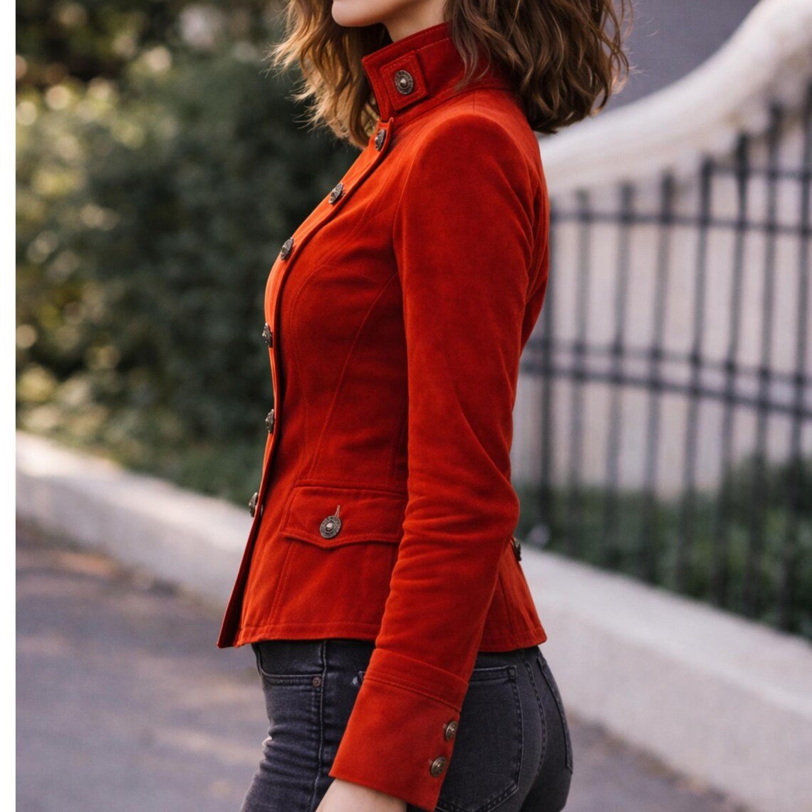 Women Red Suede Leather Jacket Vintage Button Front Coat Soft Real Statement Outerwear image 2