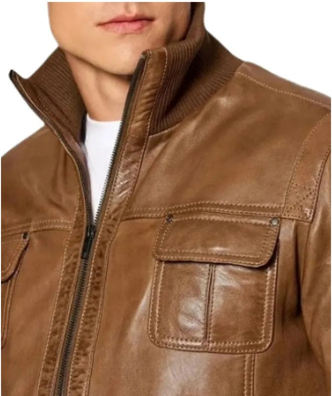 Men’s Premium Brown Sheepskin Bomber Jacket