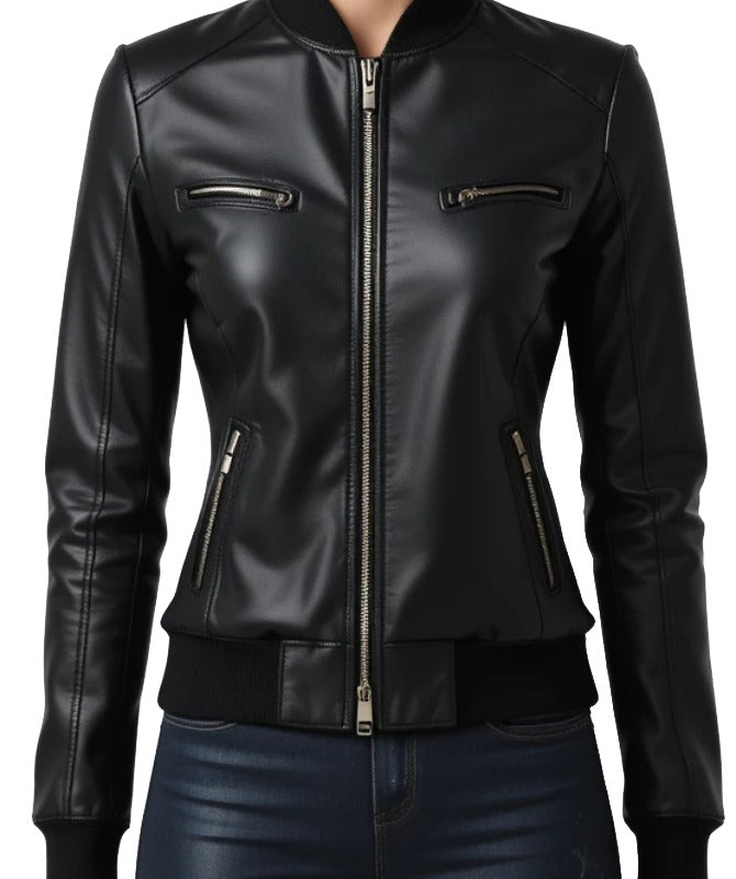 Women Design Black Sheep Leather Jacket