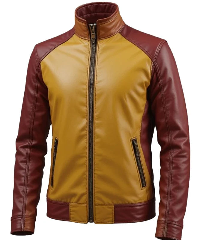 Women’s Mustard and Maroon Genuine Sheep Leather Jacket