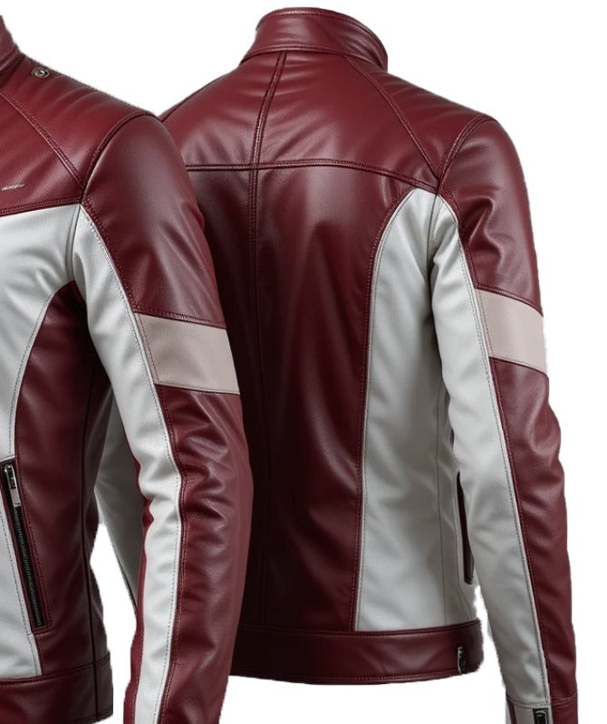 Men’s Maroon & White Leather Biker Jacket