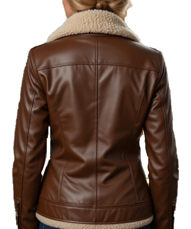 Women's Real Sheep Leather Aviator Jacket Brown