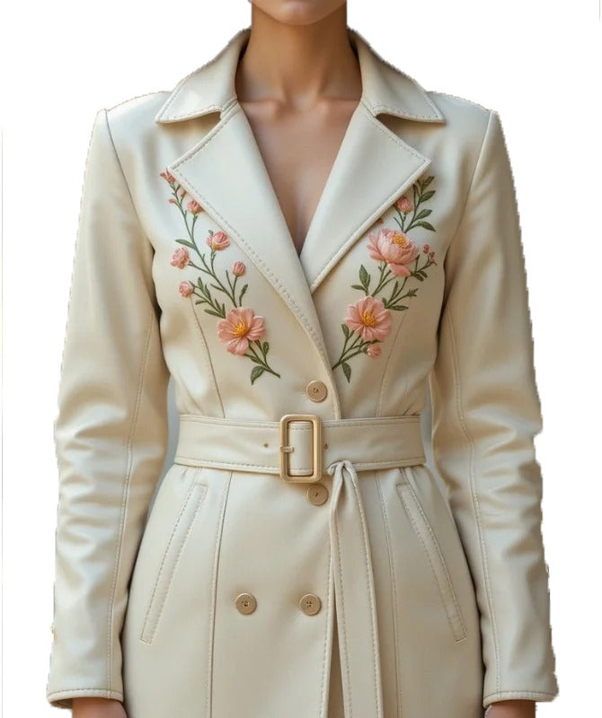 Floral Embroidered Jacket With Long Sleeve Premium Sheep Leather