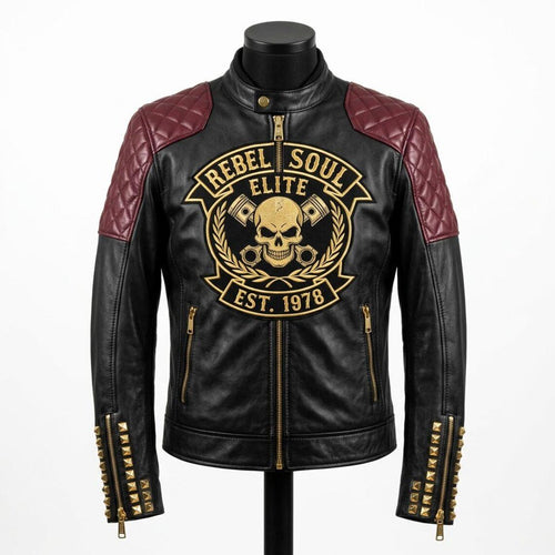 Men's Handmade Black Lambskin Leather Biker Jacket with Rebel Soul Embroidered Patch image 0