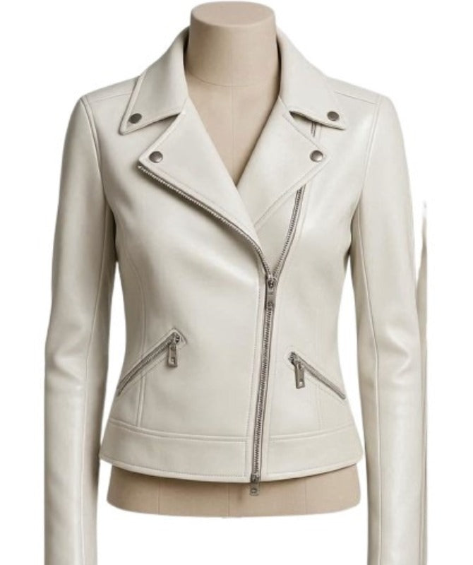 Women's White Biker Leather Jacket