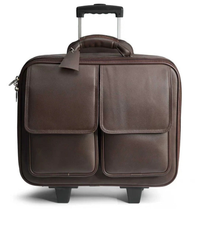 Executive Leather Business Trolley Bag with Double Pockets