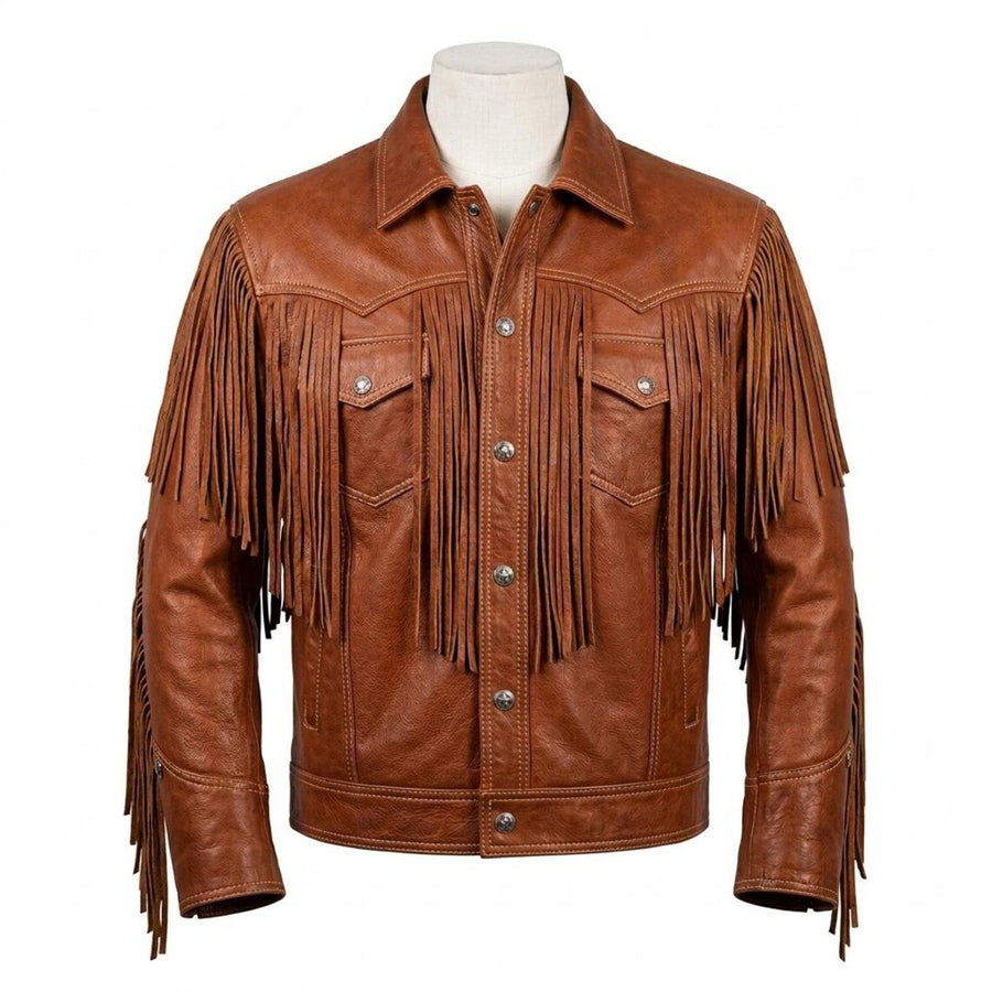 Men's Tan Brown Sheep Leather Jacket with Fringe | Premium Genuine Leather | Western Heritage Style