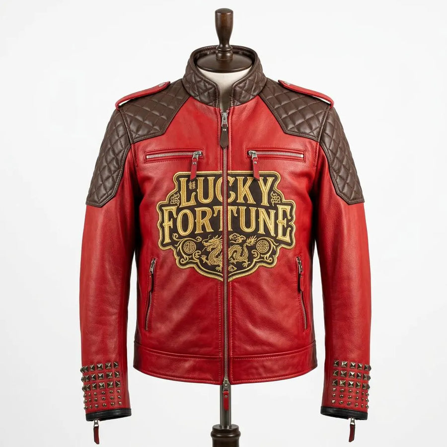 Men's Red Sheep Leather Jacket | Premium Genuine Leather | Lucky Fortune Emblem Style