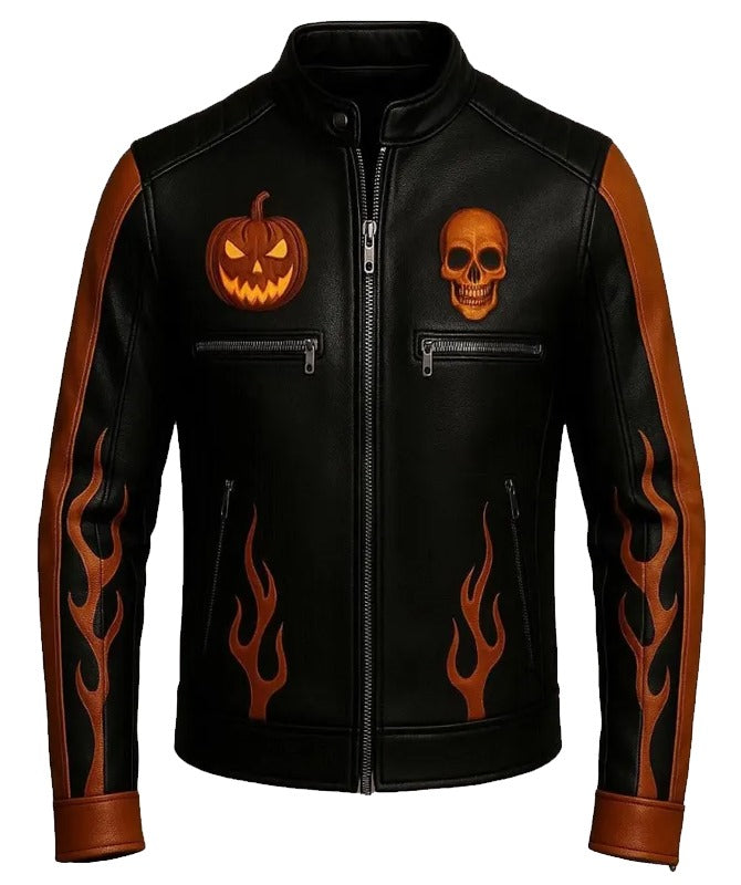 Men’s Halloween Biker Leather Jacket – Black and Orange Skull Design