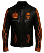 Men’s Halloween Biker Leather Jacket – Black and Orange Skull Design