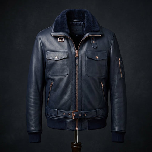 Handmade Men's Navy Aviator Leather Jacket | Premium Sheep Leather image 0