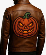 Halloween Pumpkin Leather Jacket Handmade Brown Bomber