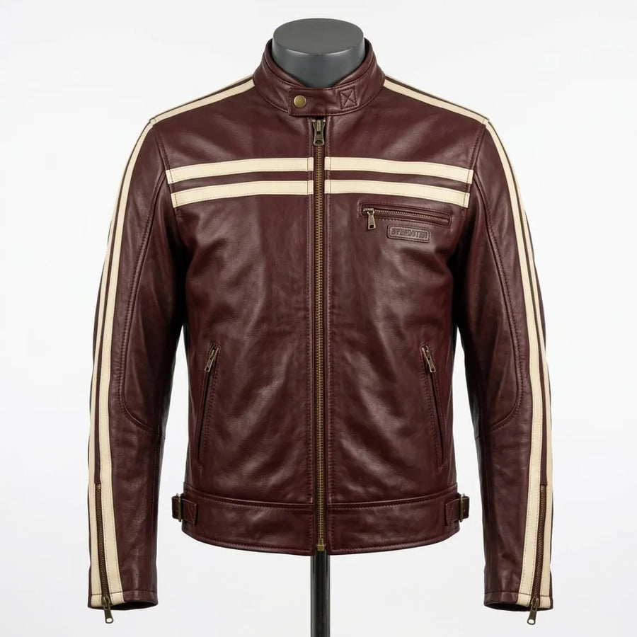 Men's Maroon Sheep Leather Jacket | Premium Genuine Leather | Vintage Racing Stripe Style