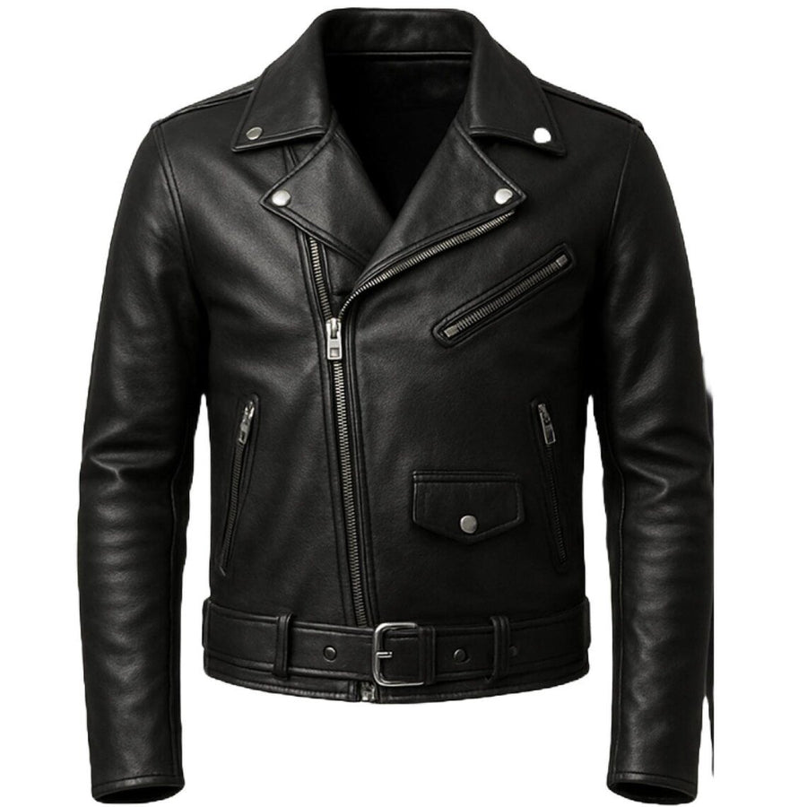 Mens Black Biker Jacket Genuine Sheep Leather Motorcycle Jacket with Belt & Zipper Details