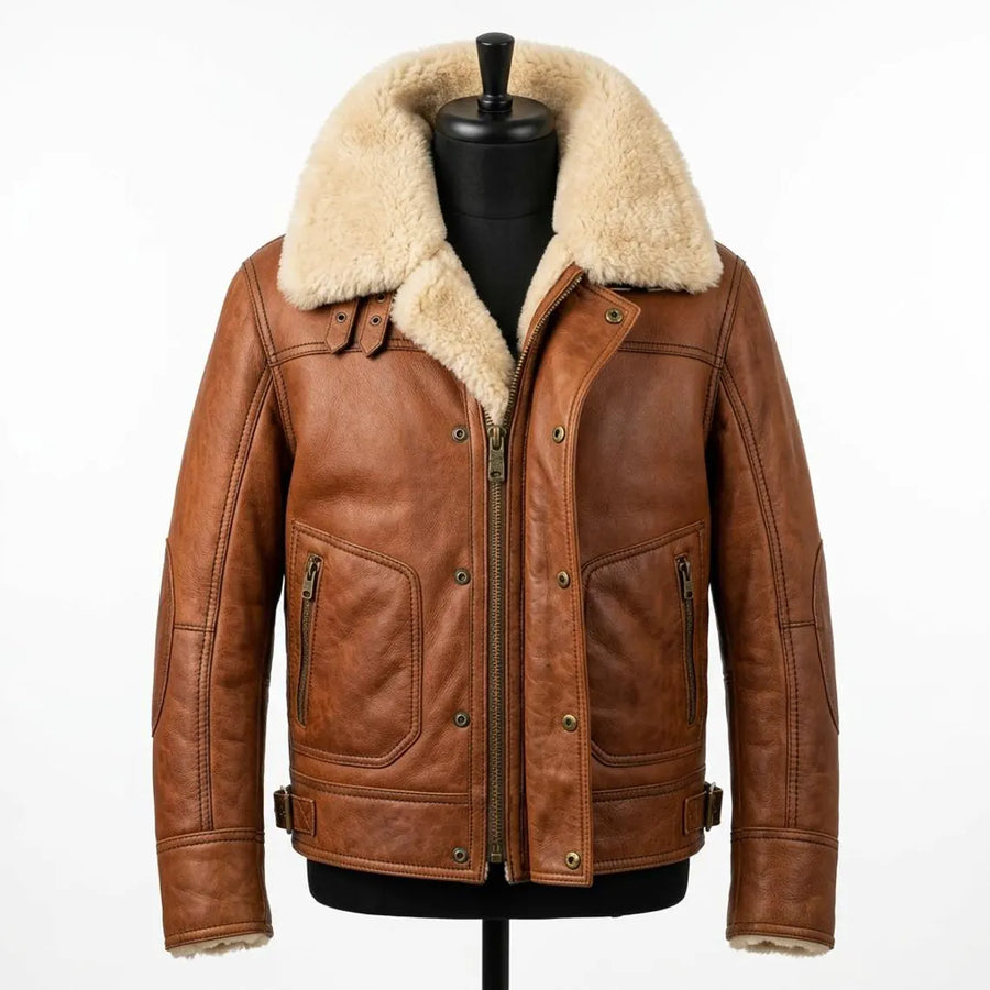 Mens Shearling Sheepskin Aviator Jacket Cognac Brown Oversized Fur Collar Heritage