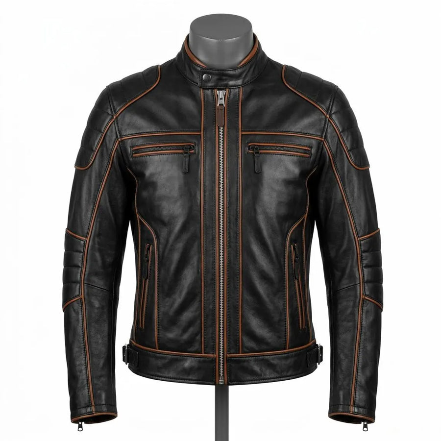 Mens Lambskin Biker Jacket Black Cognac Contrast Piping Motorcycle Leather Jacket