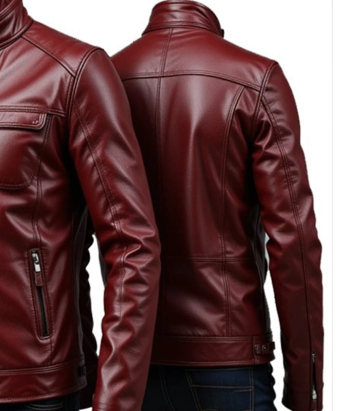 Men’s Burgundy Slim Fit Biker Leather Jacket