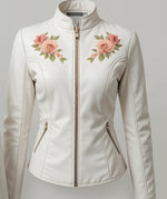 Women White JW Leather Jacket Floral Embroidered