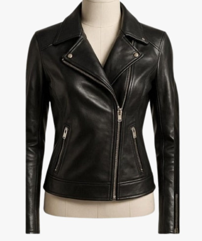 Women’s Classic Black Leather Jacket 100% Genuine Sheep Leather