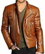 Men’s Tan Brown Quilted Leather Biker Jacket