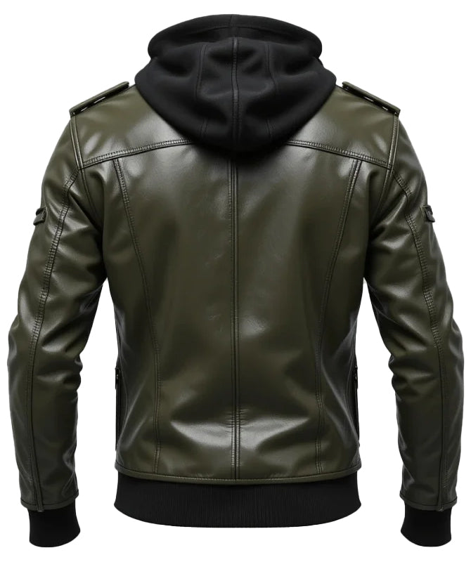 Men’s Olive Green Faux Leather Jacket with Black Hoodie
