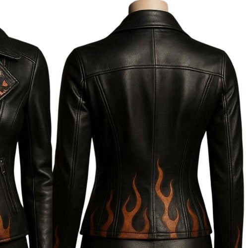 Women’s Halloween Flame Leather Jacket Premium Sheep Leather Biker Style