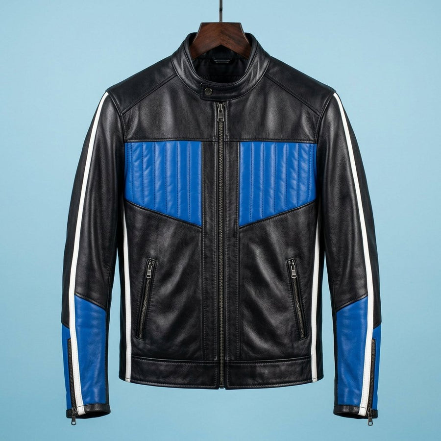 Men's Black, Blue and White Sheep Leather Jacket | Premium Genuine Leather | Modern Sports Style