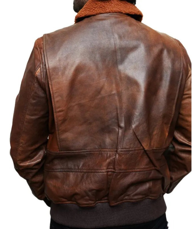 Men’s Distressed Brown Leather Bomber Jacket