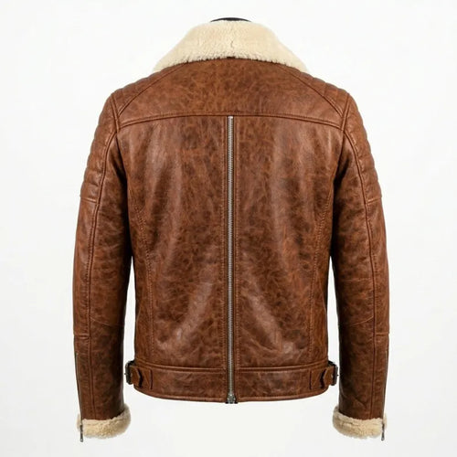 Luxury Shearling Leather Biker Jacket For Men Warm Cognac Brown Winter Leather Coat image 1