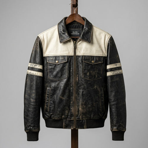 Handmade Premium Antique Black Men's Elite Color-Block Leather Jacket | Bold White  Stripes | Premium Hand-Distressed Retro Sports | Authentic Heavy Aged Patina |  Elite Investment Piece | Antique Luxury Premium image 0