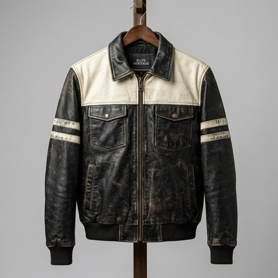 Men's Black and Cream Sheep Leather Jacket | Premium Genuine Leather | Vintage Racing Style